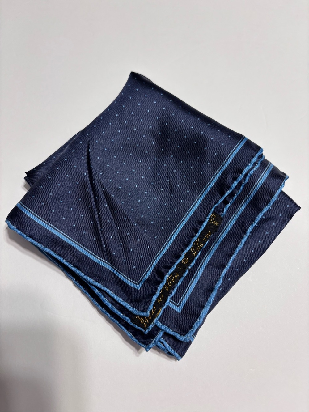 Ashear Silk Navy Blue Polka Dot Pocket Square with Light Blue Trim